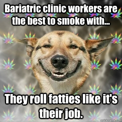 Bariatric clinic workers are the best to smoke with... They roll fatties like it's their job.  Stoner Dog