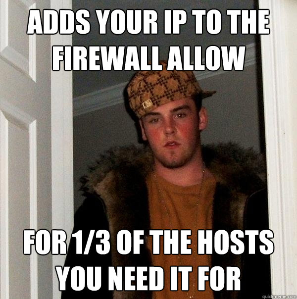 Adds your IP to the firewall ALLOW For 1/3 of the hosts you need it for  Scumbag Steve