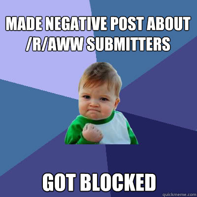 Made negative post about /r/aww submitters Got blocked  Success Baby