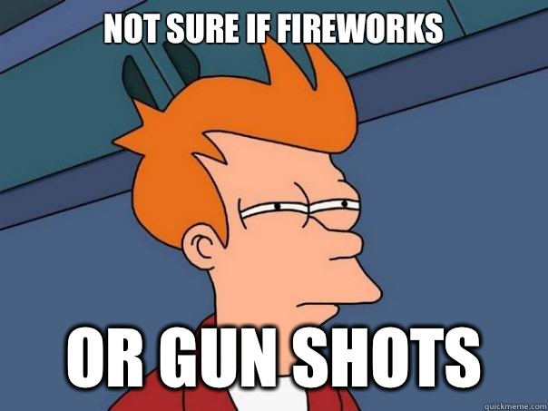 Not sure if fireworks or gun shots  Futurama Fry