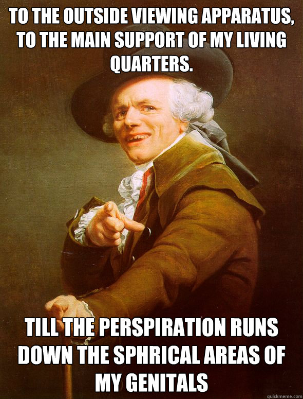 To the outside viewing apparatus, to the main support of my living quarters. Till the perspiration runs down the sphrical areas of my genitals   Joseph Ducreux