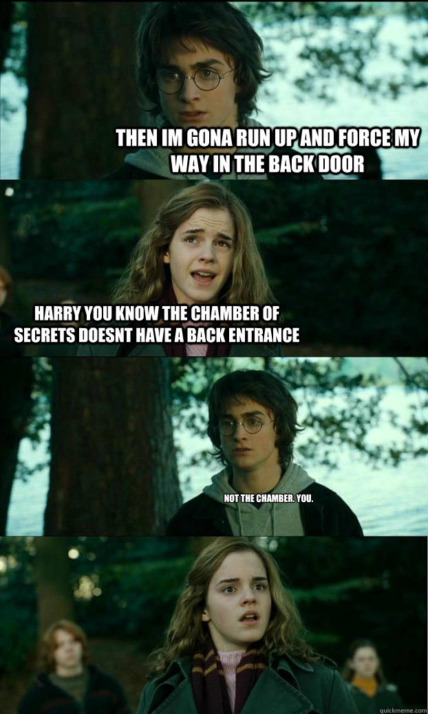 then im gona run up and force my way in the back door harry you know the chamber of secrets doesnt have a back entrance not the chamber. you.  Horny Harry