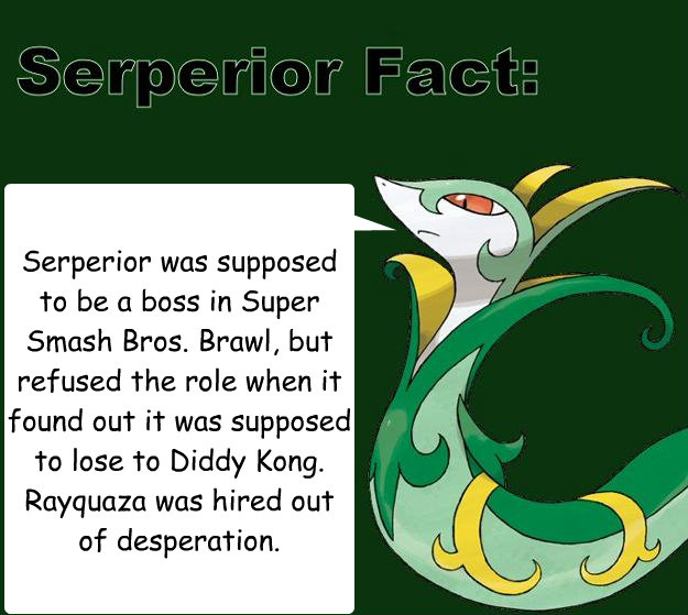 Serperior was supposed to be a boss in Super Smash Bros. Brawl, but refused the role when it found out it was supposed to lose to Diddy Kong.  Rayquaza was hired out of desperation.  