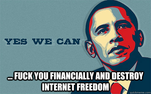  ... fuck you financially and destroy internet freedom    Scumbag Obama