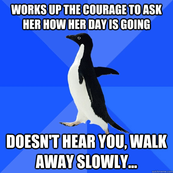 works up the courage to ask her how her day is going doesn't hear you, walk away slowly... - works up the courage to ask her how her day is going doesn't hear you, walk away slowly...  Socially Awkward Penguin