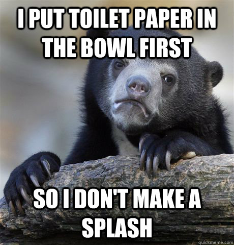 I put toilet paper in the bowl first So i don't make a splash  Confession Bear