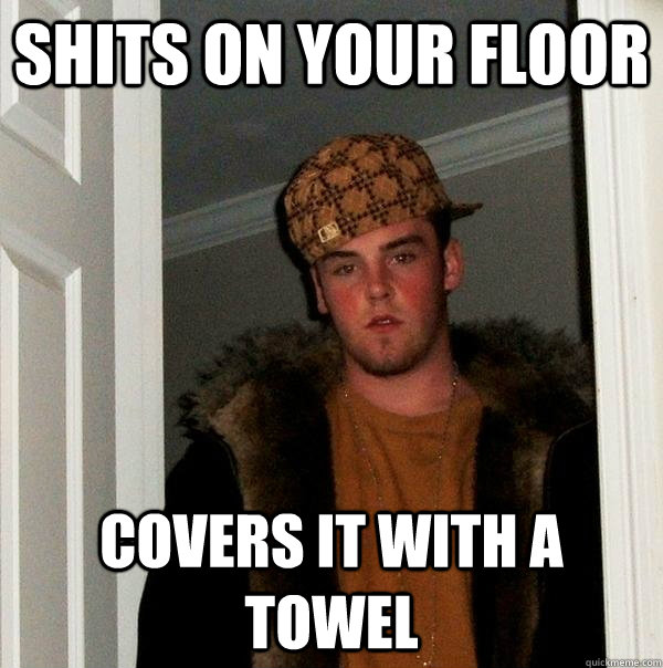 Shits on your floor Covers it with a towel  Scumbag Steve