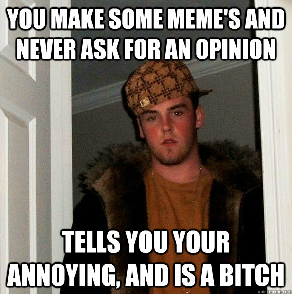 you make some meme's and never ask for an opinion tells you your annoying, and is a bitch  Scumbag Steve