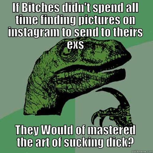 IF BITCHES DIDN'T SPEND ALL TIME FINDING PICTURES ON INSTAGRAM TO SEND TO THEIRS EXS THEY WOULD OF MASTERED THE ART OF SUCKING DICK? Philosoraptor