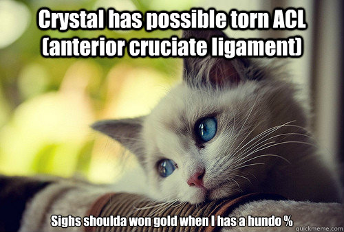 Crystal has possible torn ACL (anterior cruciate ligament)  Sighs shoulda won gold when I has a hundo %   - Crystal has possible torn ACL (anterior cruciate ligament)  Sighs shoulda won gold when I has a hundo %    First World Problems Cat