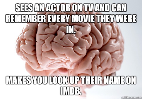 Sees an actor on TV and can remember every movie they were in. Makes you look up their name on IMDB.  Scumbag Brain