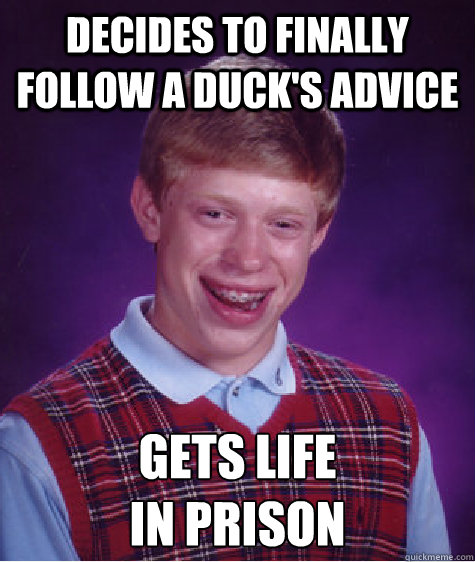 Decides to finally follow a duck's Advice Gets life 
in prison - Decides to finally follow a duck's Advice Gets life 
in prison  Bad Luck Brian