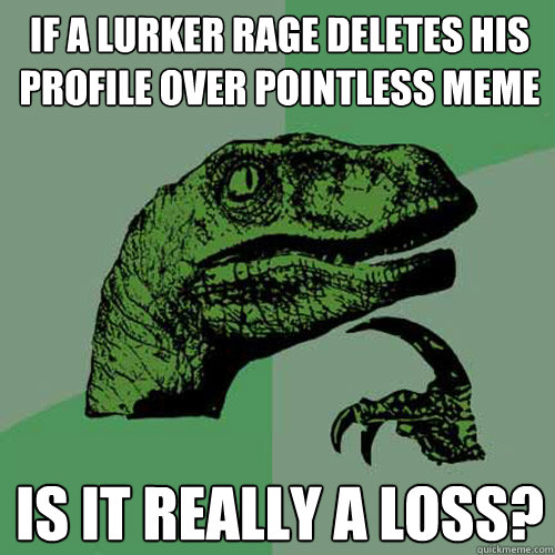 if a lurker rage deletes his profile over pointless meme is it really a loss?  Philosoraptor