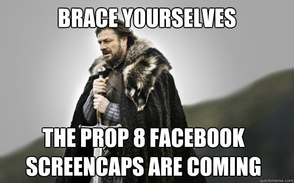 BRACE YOURSELVES The prop 8 facebook screencaps are coming  Ned Stark