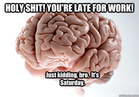 HOLY SHIT! YOU'RE LATE FOR WORK! Just kidding, bro.  It's Saturday.  Scumbag Brain