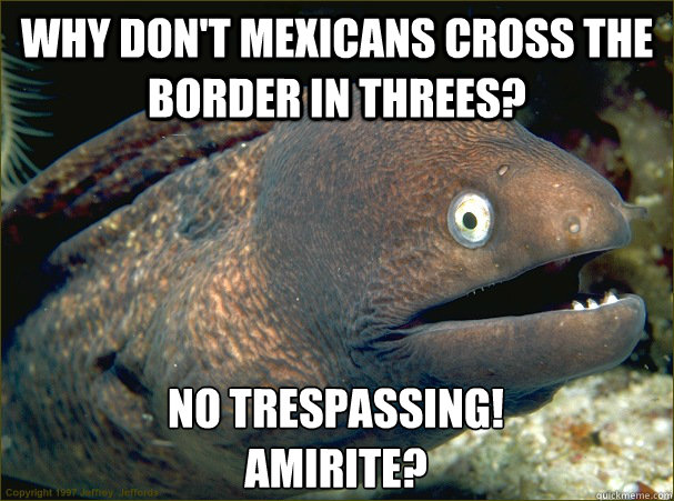 Why don't mexicans cross the border in threes? No trespassing!
AMIRITE?  Bad Joke Eel