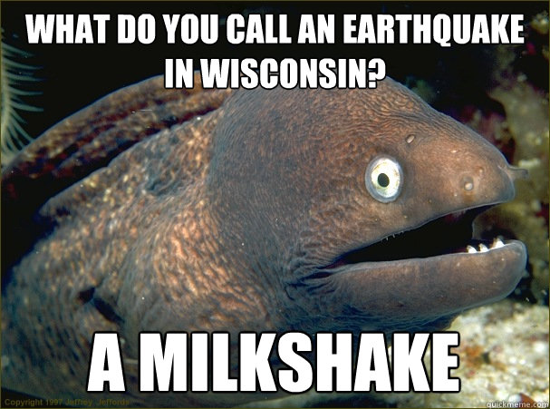 What do you call an earthquake in wisconsin? A milkshake  Bad Joke Eel