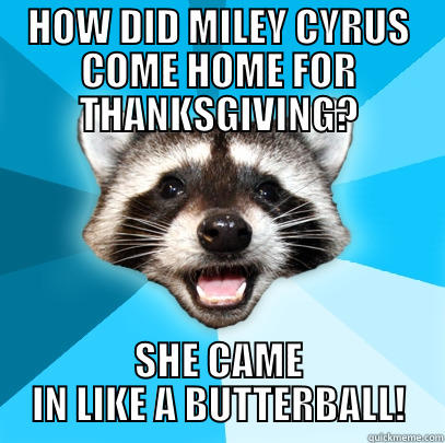 HOW DID MILEY CYRUS COME HOME FOR THANKSGIVING? SHE CAME IN LIKE A BUTTERBALL! Lame Pun Coon