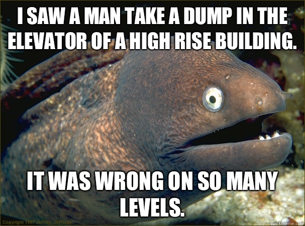 I saw a man take a dump in the elevator of a high rise building.  It was wrong on so many levels.   Bad Joke Eel