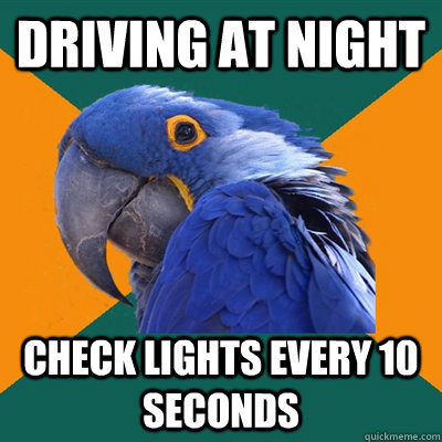 driving at night check lights every 10 seconds  Paranoid Parrot