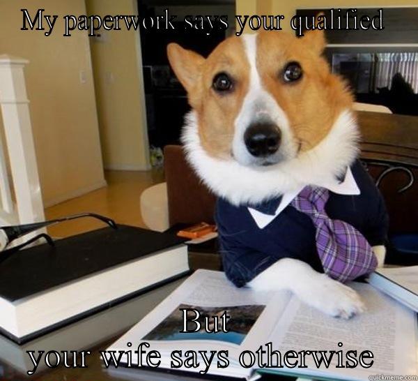 MY PAPERWORK SAYS YOUR QUALIFIED  BUT YOUR WIFE SAYS OTHERWISE  Lawyer Dog