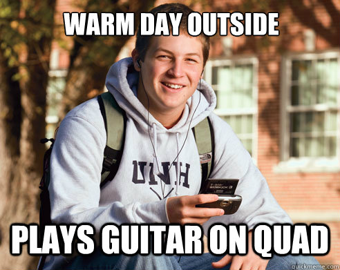 warm day outside plays guitar on quad  College Freshman