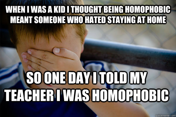 WHEN I WAS A KID I thought being homophobic meant someone who hated staying at home so one day i told my teacher i was homophobic   Confession kid