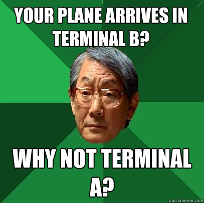 Your plane arrives in terminal B? Why not terminal A?  High Expectations Asian Father