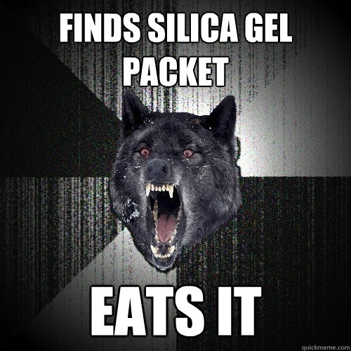 Finds silica gel packet eats it - Finds silica gel packet eats it  Insanity Wolf