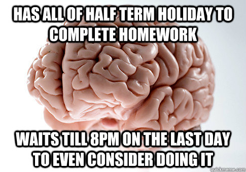 Has all of half term holiday to complete homework Waits till 8pm on the last day to even consider doing it  Scumbag Brain