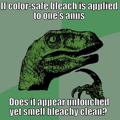 IF COLOR-SAFE BLEACH IS APPLIED TO ONE'S ANUS DOES IT APPEAR UNTOUCHED YET SMELL BLEACHY CLEAN?  Philosoraptor