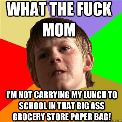 what the fuck mom i'm not carrying my lunch to school in that big ass grocery store paper bag!  Angry School Boy