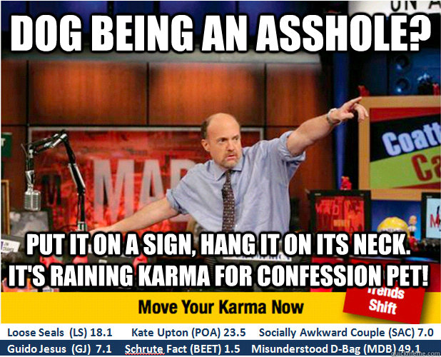 Dog being an asshole?  put it on a sign, hang it on its neck. it's raining karma for confession pet!  Jim Kramer with updated ticker