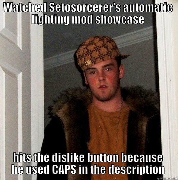 WATCHED SETOSORCERER'S AUTOMATIC LIGHTING MOD SHOWCASE HITS THE DISLIKE BUTTON BECAUSE HE USED CAPS IN THE DESCRIPTION Scumbag Steve