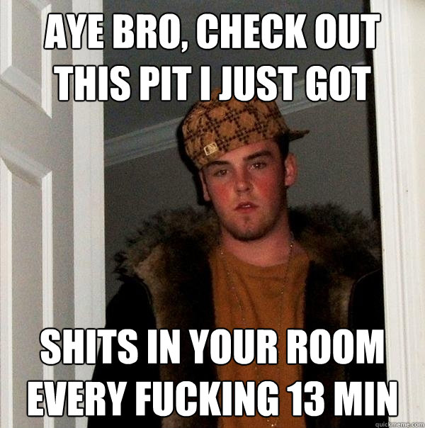 aye bro, check out this pit i just got shits in your room every fucking 13 min  Scumbag Steve