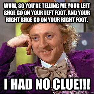 Wow, so you're telling me your left shoe go on your left foot, and your right shoe go on your right foot. I had no clue!!!  Creepy Wonka