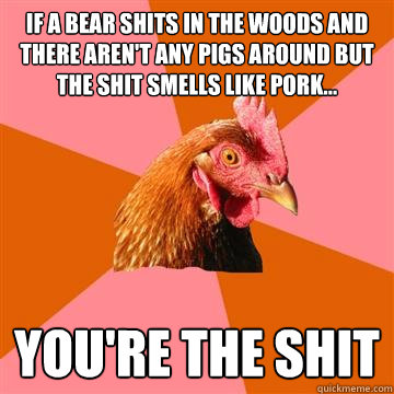 If a bear shits in the woods and there aren't any pigs around but the shit smells like pork... you're the shit  Anti-Joke Chicken