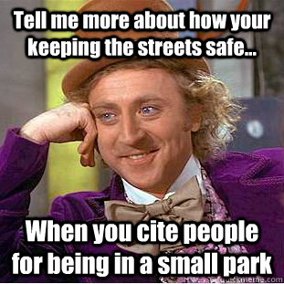 Tell me more about how your keeping the streets safe... When you cite people for being in a small park  Condescending Wonka