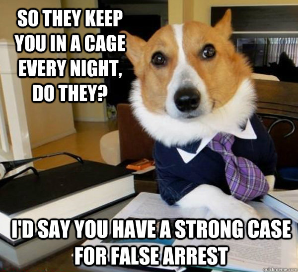 So they keep you in a cage every night, do they? I'd say you have a strong case for false arrest  Lawyer Dog