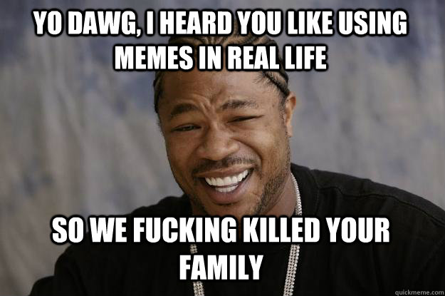 Yo dawg, i heard you like using memes in real life so we fucking killed your family  Xzibit meme