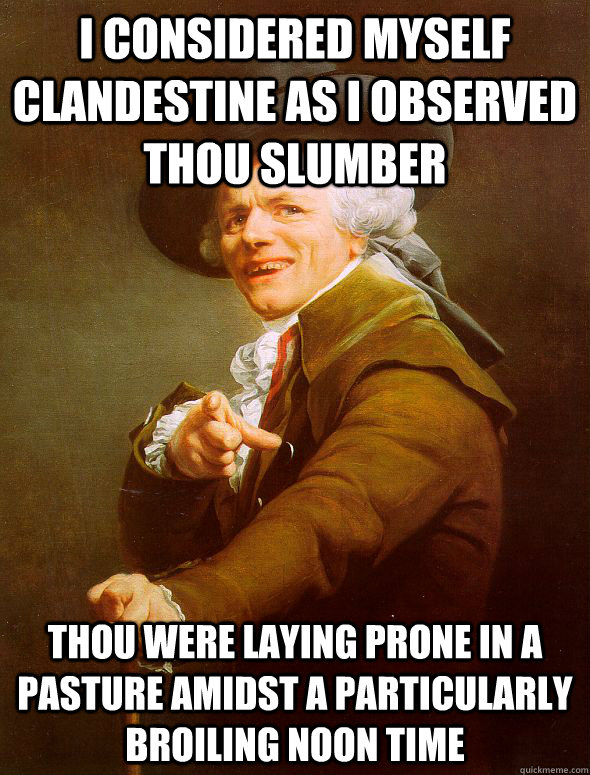 i considered myself clandestine as i observed thou slumber thou were laying prone in a pasture amidst a particularly broiling noon time   