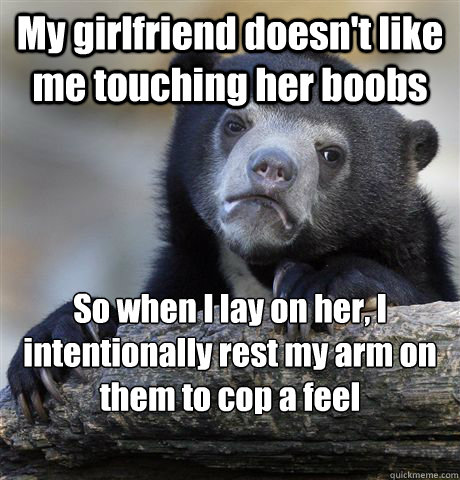 My girlfriend doesn't like me touching her boobs So when I lay on her, I intentionally rest my arm on them to cop a feel  Confession Bear