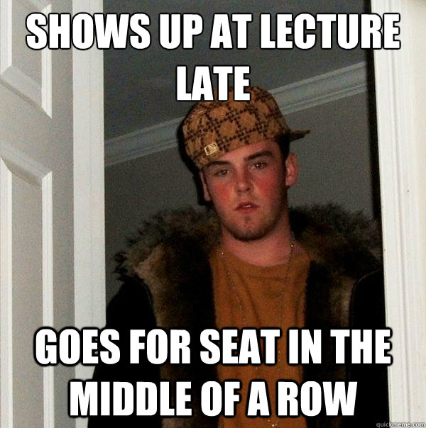 Shows up at lecture late Goes for seat in the middle of a row  Scumbag Steve