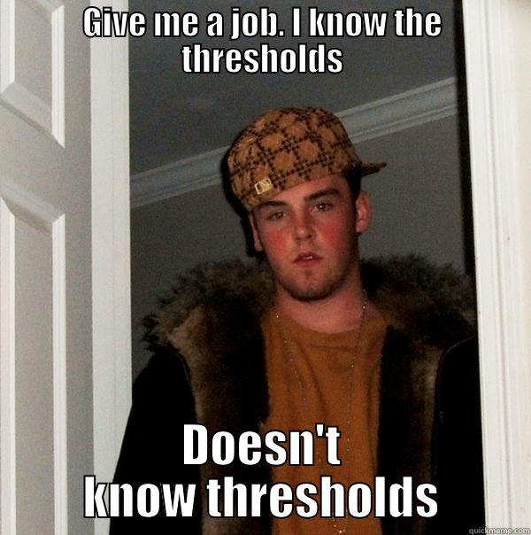 GIVE ME A JOB. I KNOW THE THRESHOLDS DOESN'T KNOW THRESHOLDS Scumbag Steve