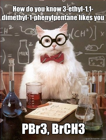 How do you know 3-ethyl-1,1-dimethyl-1-phenylpentane likes you PBr3, BrCH3  Chemistry Cat