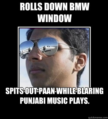 Rolls down BMW window spits out paan while blaring punjabi music plays.  Rich Delhi Boy