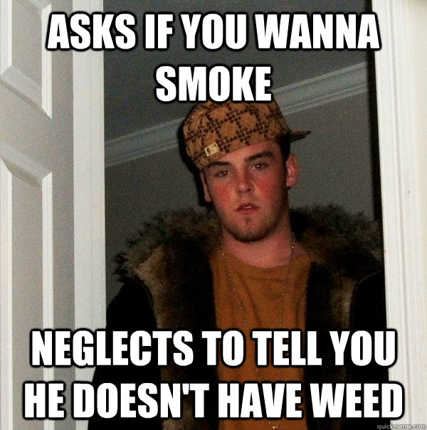 Asks if you wanna smoke neglects to tell you he doesn't have weed - Asks if you wanna smoke neglects to tell you he doesn't have weed  Scumbag Steve