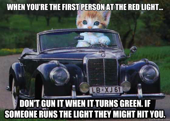 When you're the first person at the red light... Don't gun it when it turns green. If someone runs the light they might hit you.  