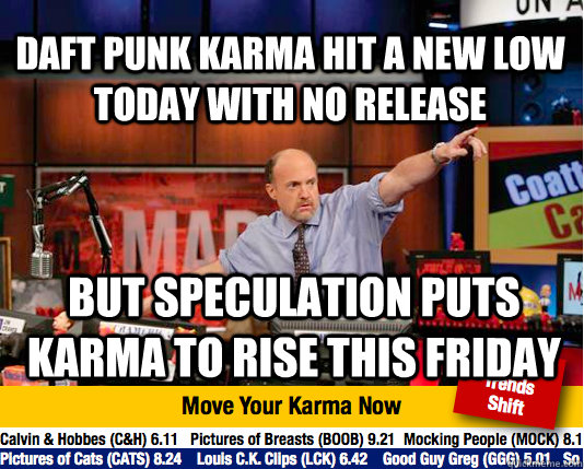 Daft punk karma hit a new low today with no release  but speculation puts karma to rise this friday  Mad Karma with Jim Cramer