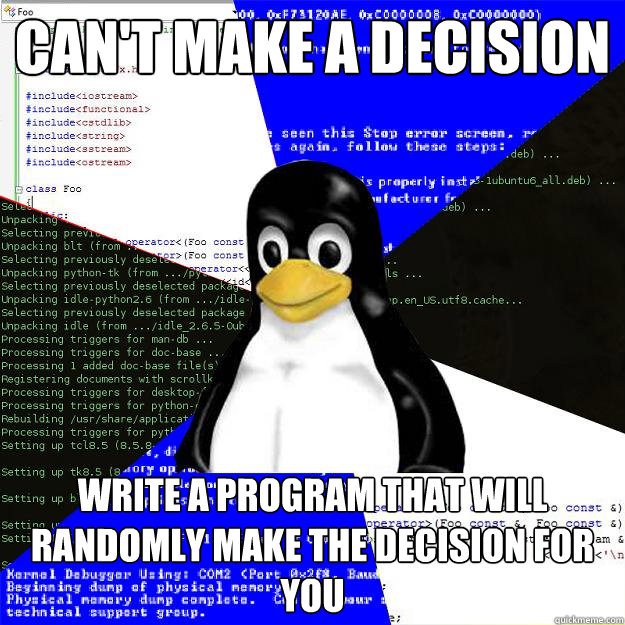 can't make a decision write a program that will randomly make the decision for you  Computer Science Penguin